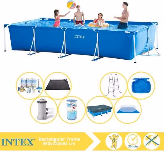 Piscina Intex - Piscina gonfiabile - 450x220x84 cm - Con copertura, kit di manutenzione, pompa per piscina, filtro, copertura per il fondo, telo solare, base e pediluvio