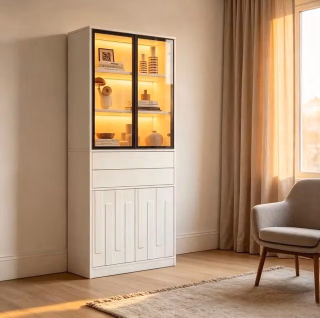 Vetrina alta con LED e 2 cassetti 70x34x180 cm; bianco opaco in truciolare e vetro temperato