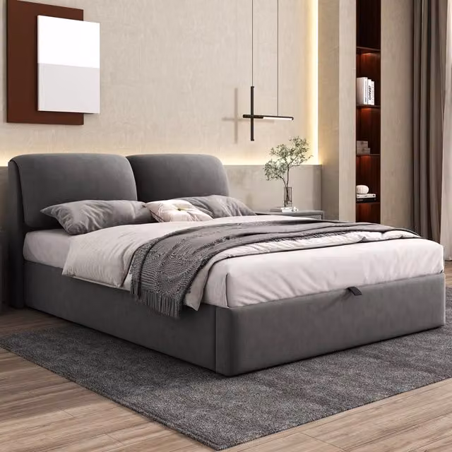 Letto contenitore 140 x 200 cm con 3 cassetti e contenitore, con testiera imbottita e rete a doghe, in velluto grigio, materasso non incluso
