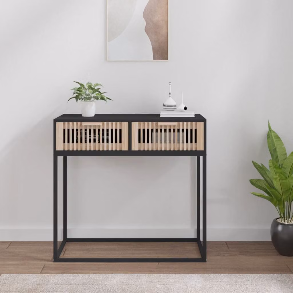 vidaXL Tavolino Consolle in Stile Scandinavo Nero con Legno e Metallo L 80 cm, P 30 cm, H 75 cm