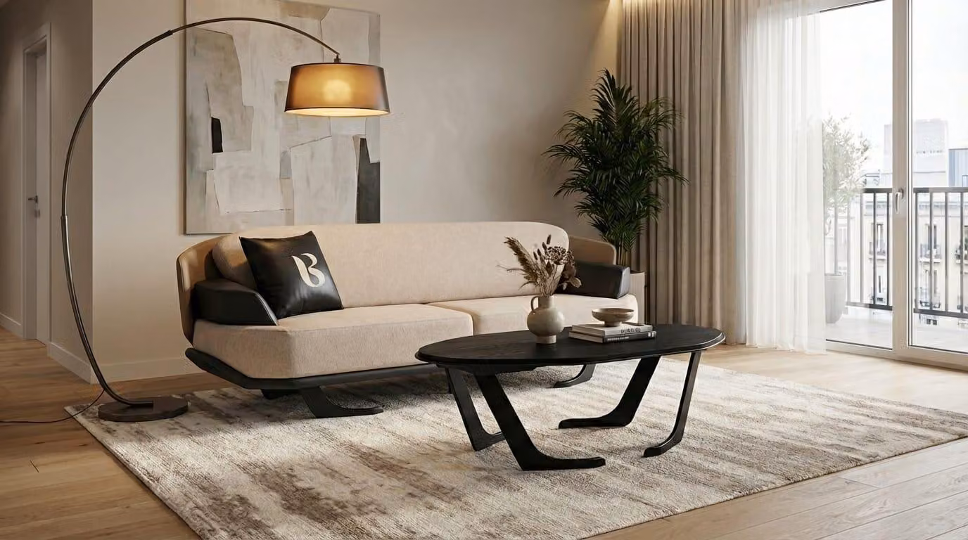 Divano moderno, tre posti, tavolino da caffè, set per soggiorno, design
