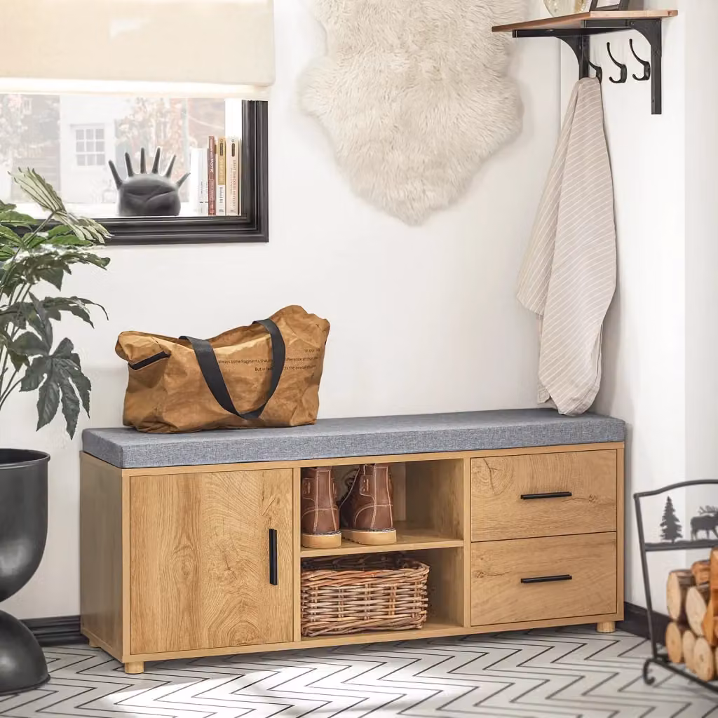 Panca da ingresso SoBuy con scarpiera e 2 cassetti, colore naturale, L: 110 cm, P: 35 cm, H: 47 cm – 2
