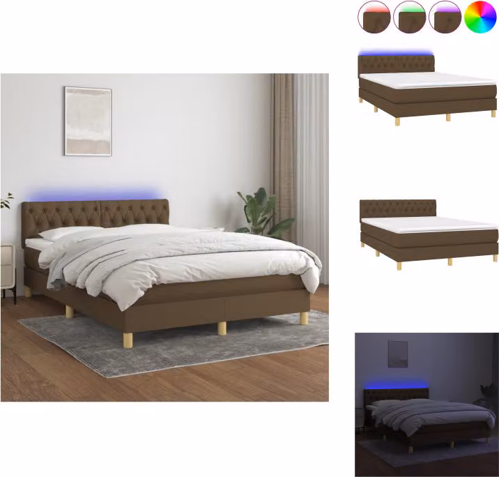 vidaXL Letto a molle con materasso e LED in tessuto marrone scuro 140x190 cm - Letti & strutture letto