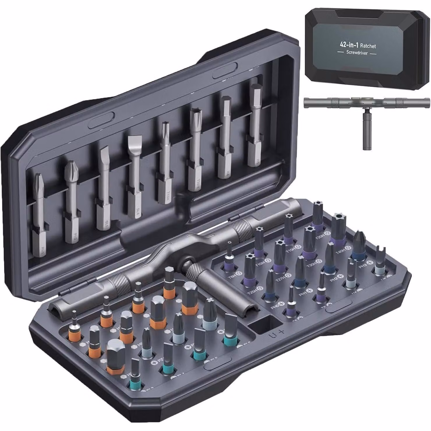 Set di cacciaviti magnetici 42-in-1 con impugnatura a cricchetto, 40 punte S2, lega di alluminio, colore grigio