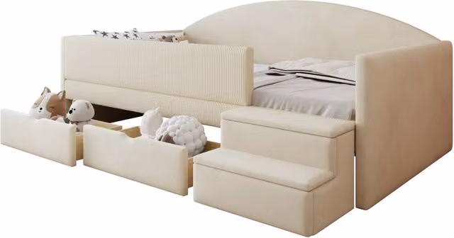Letto per bambini imbottito 90x190 cm con 2 cassetti e gradini antiscivolo; beige