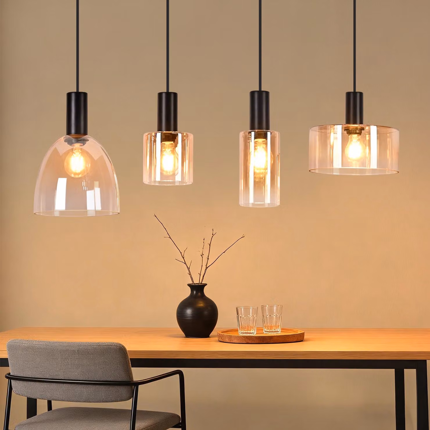 Lampada a sospensione ZMH per tavolo da pranzo, lampada a sospensione a 4 luci in vetro, lampada da cucina E27, lampada da sala da pranzo in stile industriale, regolabile in altezza, per soggiorno e tavolo da pranzo