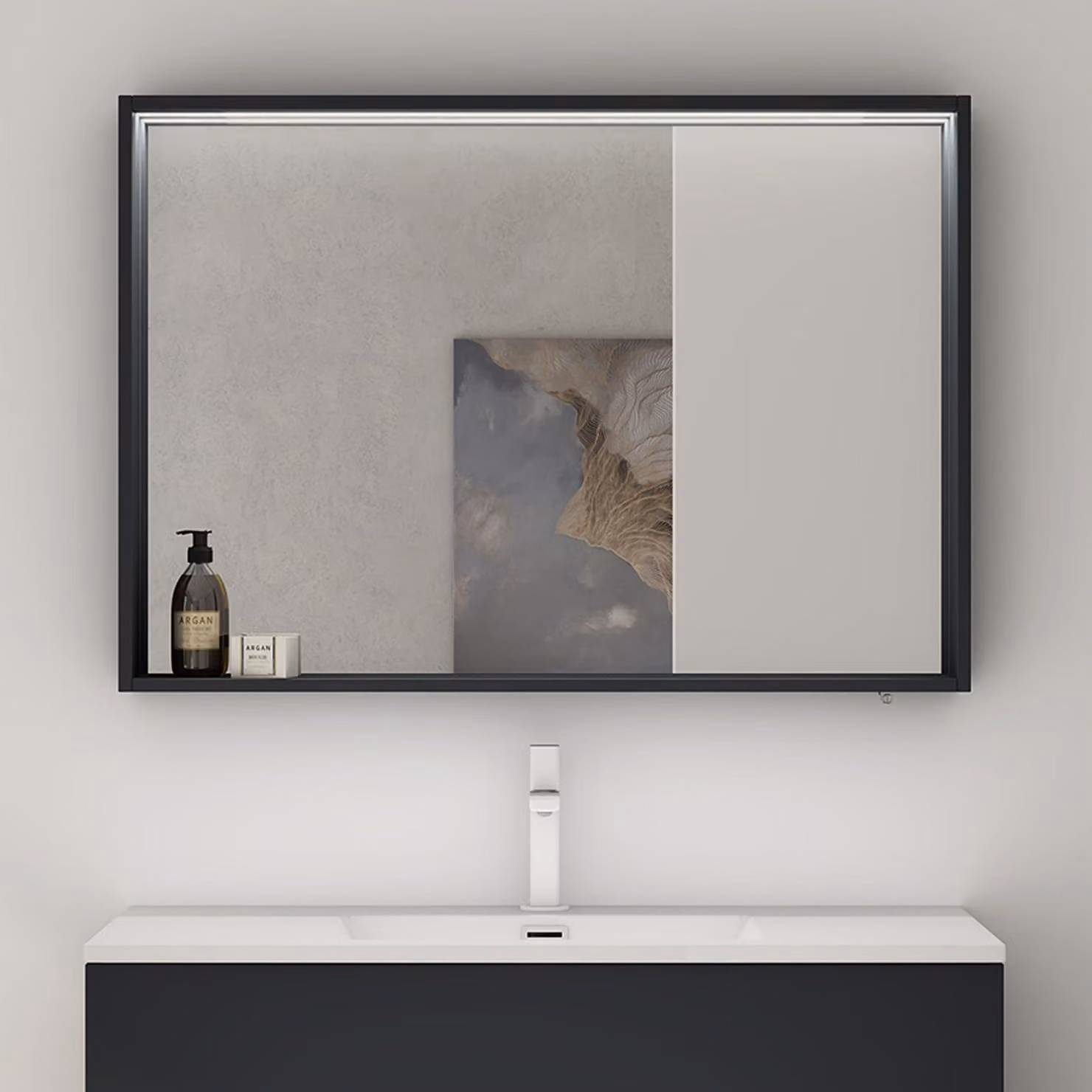 doporro Armadietto a Specchio con Luce 100x12x70cm, Specchio da Parete con Luce LED e Ripiano in Legno Antracite opaco Spiegelschrank-01