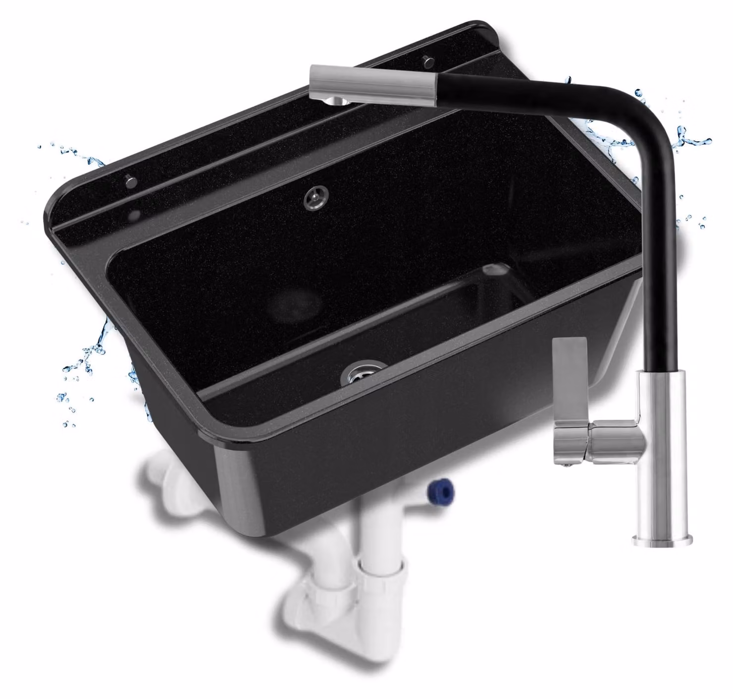 Granitan - Lavatoio - Lavandino 61x41 cm - Lavello nero - con miscelatore e sifone - LARGE