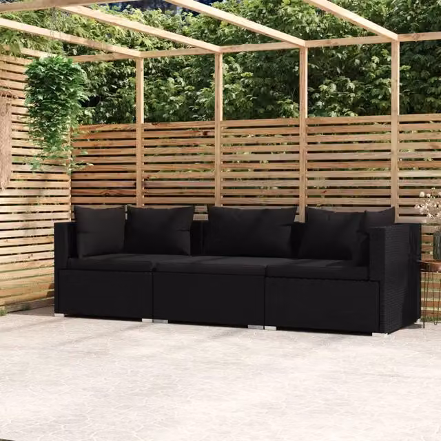 Divano a 3 Posti con Cuscini in Polyrattan Nero 317522