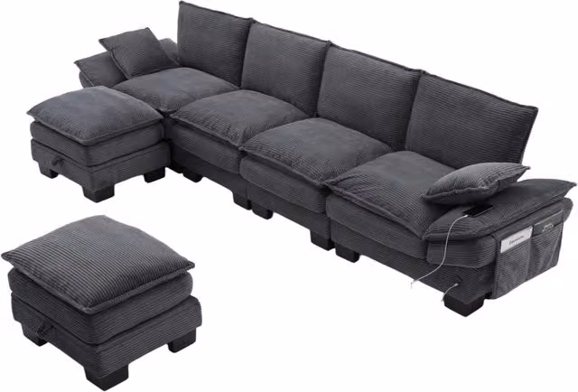 Divano modulare 4 posti 330x132x84 cm in velluto a coste con 2 pouf e USB-C; grigio scuro