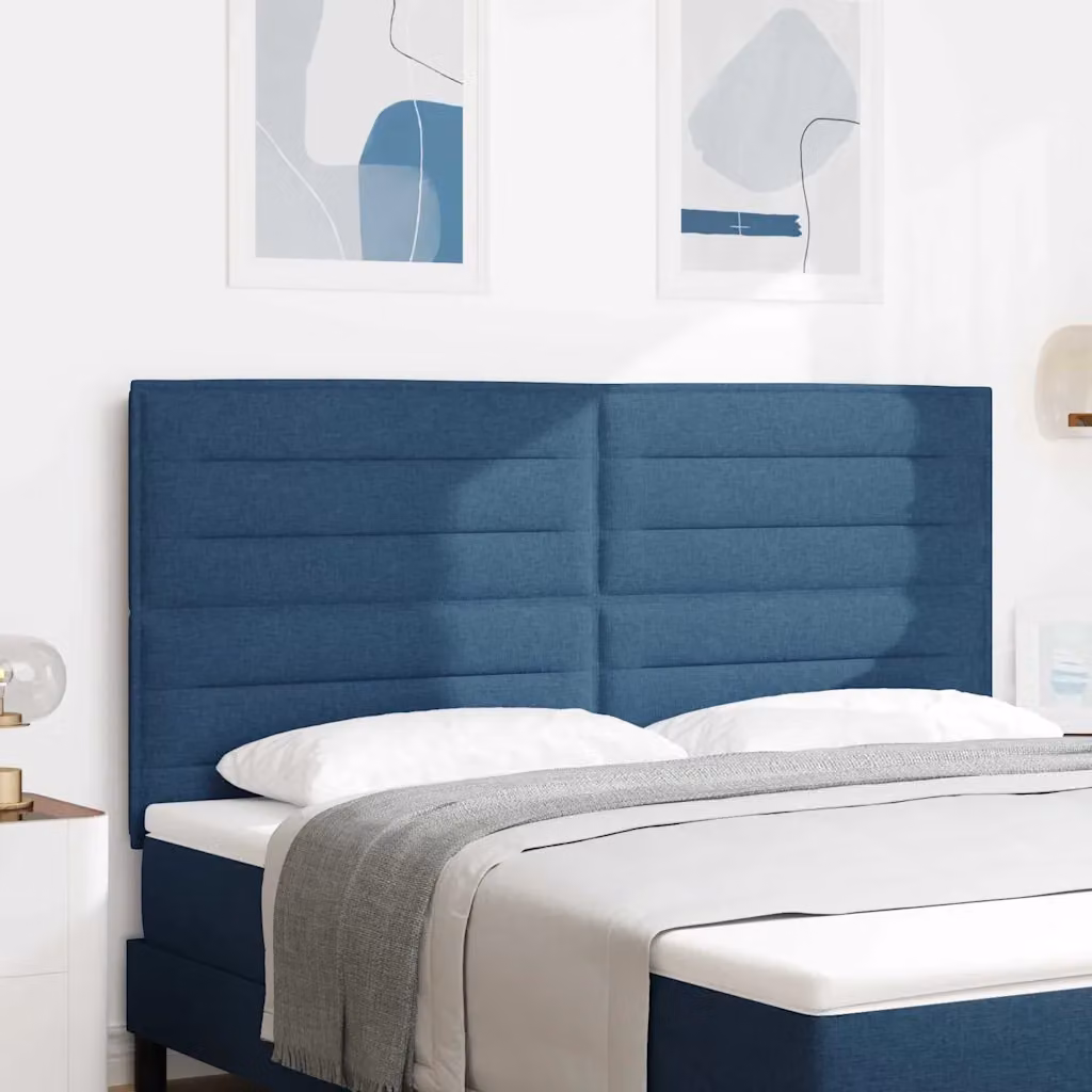 Testiera per letto moderna vidaXL in tessuto blu e legno di pino, L: 180 cm, H: 128 cm, P: 7 cm
