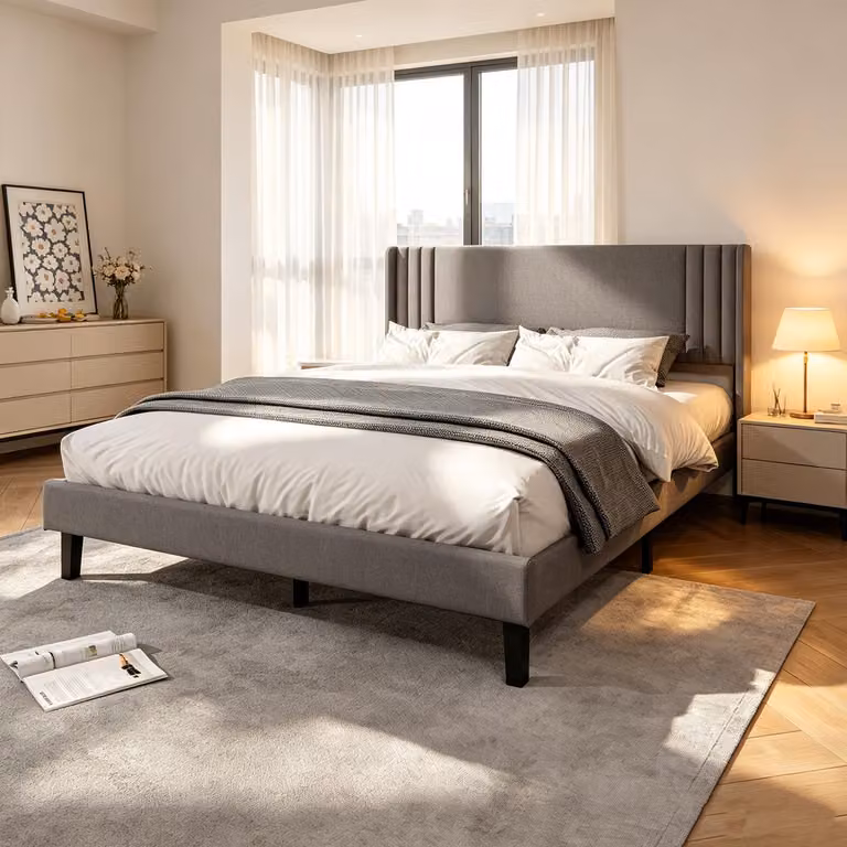Letto matrimoniale con boxspring, imbottito, 160x200 cm. Letto a due piazze con rete a doghe. Struttura robusta in legno e metallo. Letto per giovani con testiera, colore grigio, rivestito in lino