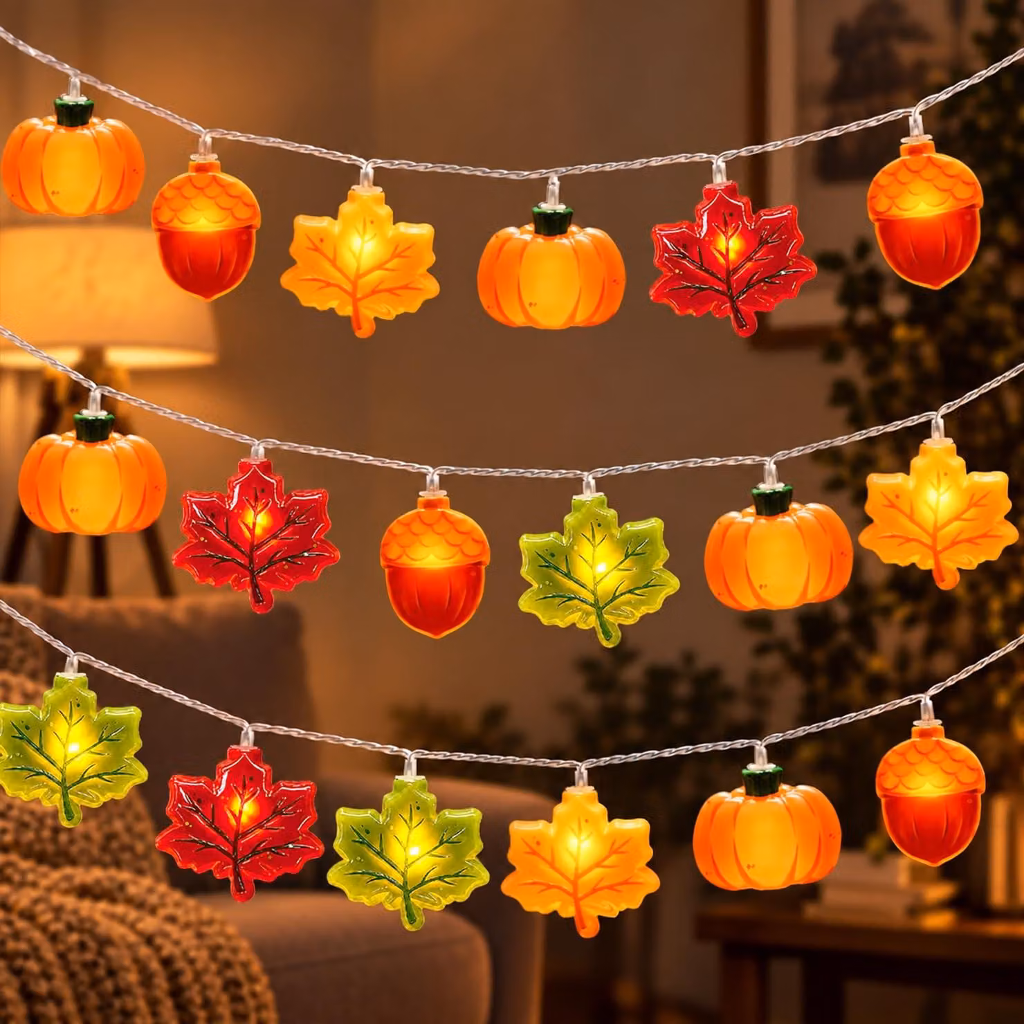 Catena luminosa autunnale, 3 metri, 20 LED, alimentata a batteria, con decorazioni a forma di zucca e foglie d'acero