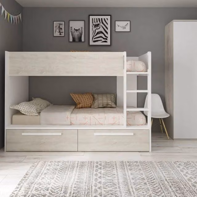 Letto a castello per bambini in legno bianco con scala e cassetti estraibili L/P/H: 205.6 x 90 x 147 cm