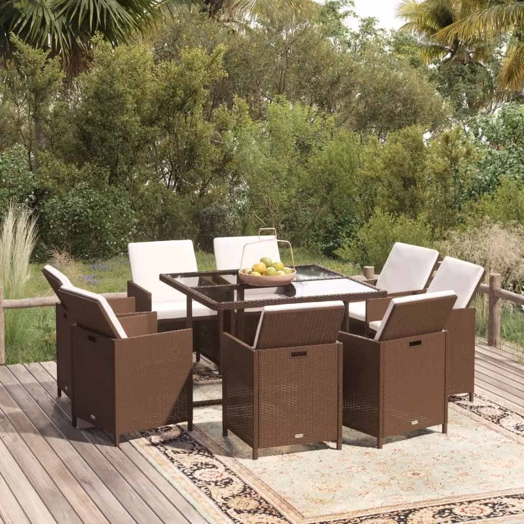 The Living Store Set da pranzo da giardino 9 pezzi con cuscini in poly rattan marrone