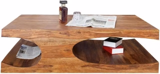 Tavolino basso NOMA 118 cm in legno di sheesham – Tavolino design in legno massiccio con nicchie