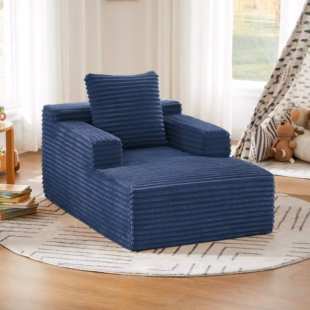 Divano Chaise Longue REDOM in Velluto a Costine Blu con Funzione Letto e Design Moderno a L