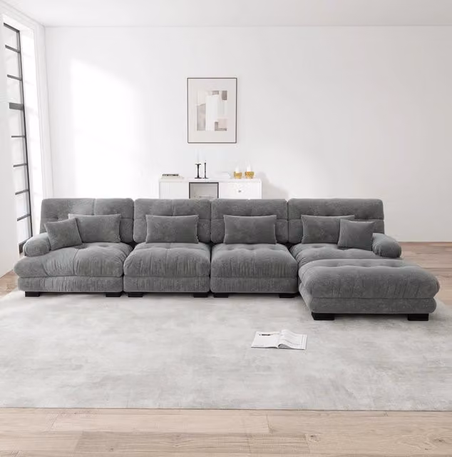 Divano modulare MODFU a 4 posti con ottomane e cuscini coordinati in velluto grigio L/P/H: 406 x 145 x 81 cm