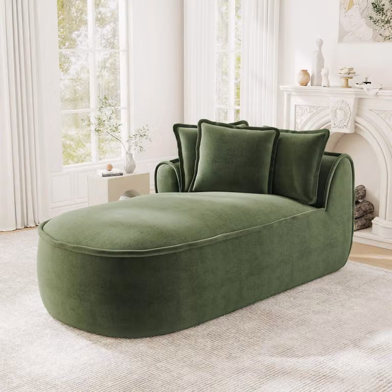Divano Manchester, chaise longue sinistra, tessuto in velluto, cuscini, confortevole (verde)