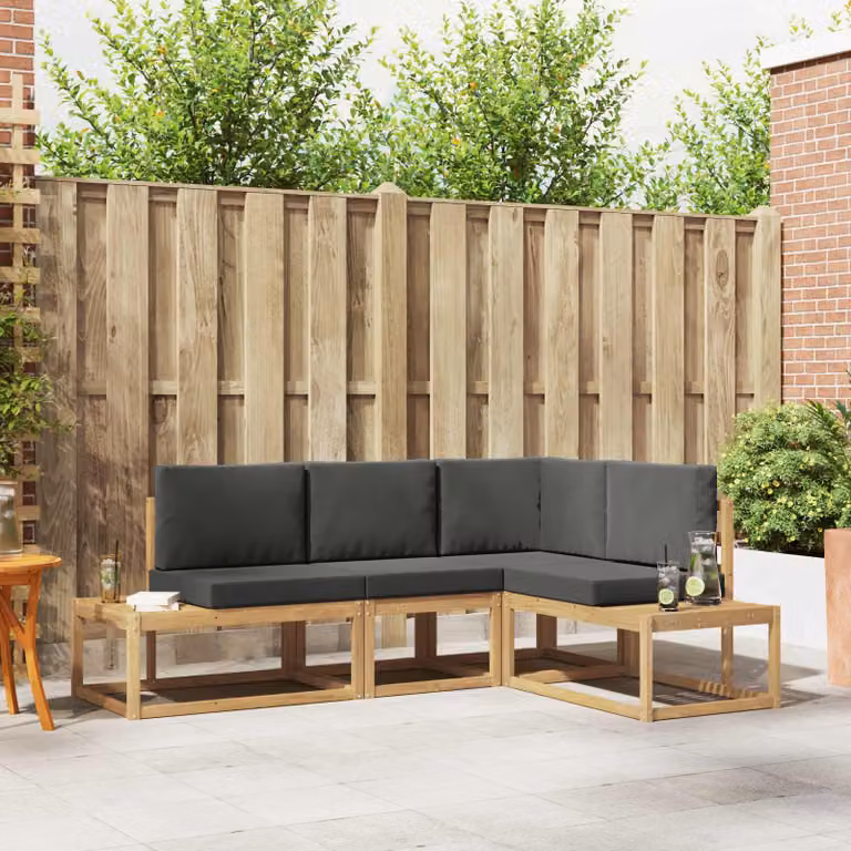 Set di divani da esterno a L vidaXL in legno di acacia con cuscini, Bianco, Antracite e Marrone