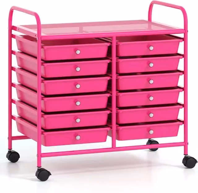 Carrello portaoggetti con ruote 64 x 38 x 62 cm 12 cassetti estraibili struttura in metallo dal design moderno color rosa confetto 20_0011366