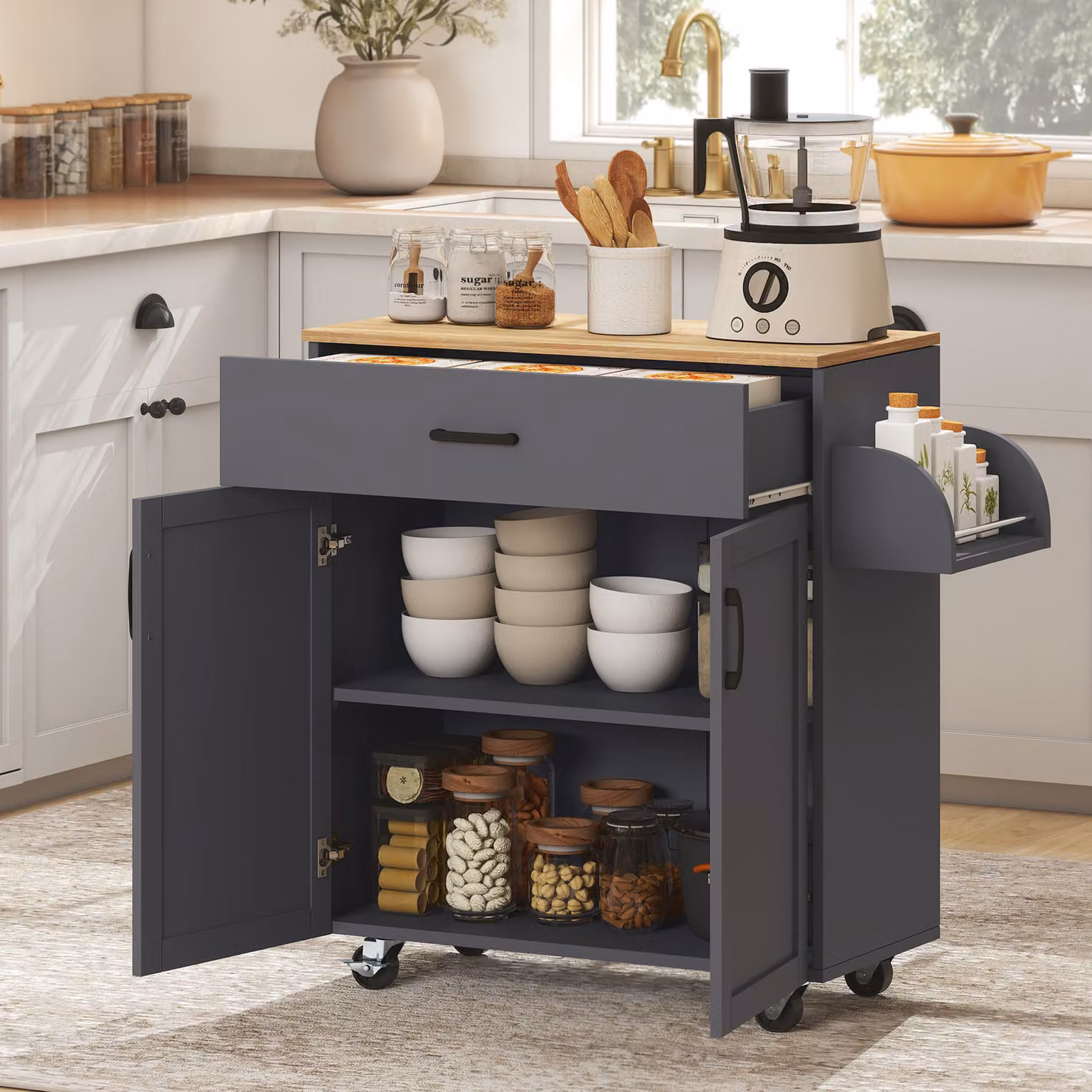Isola da cucina moderna HOMCOM con ruote, cassetto e ante, Grigio, L 105 x P 36 x H 85 cm – 2