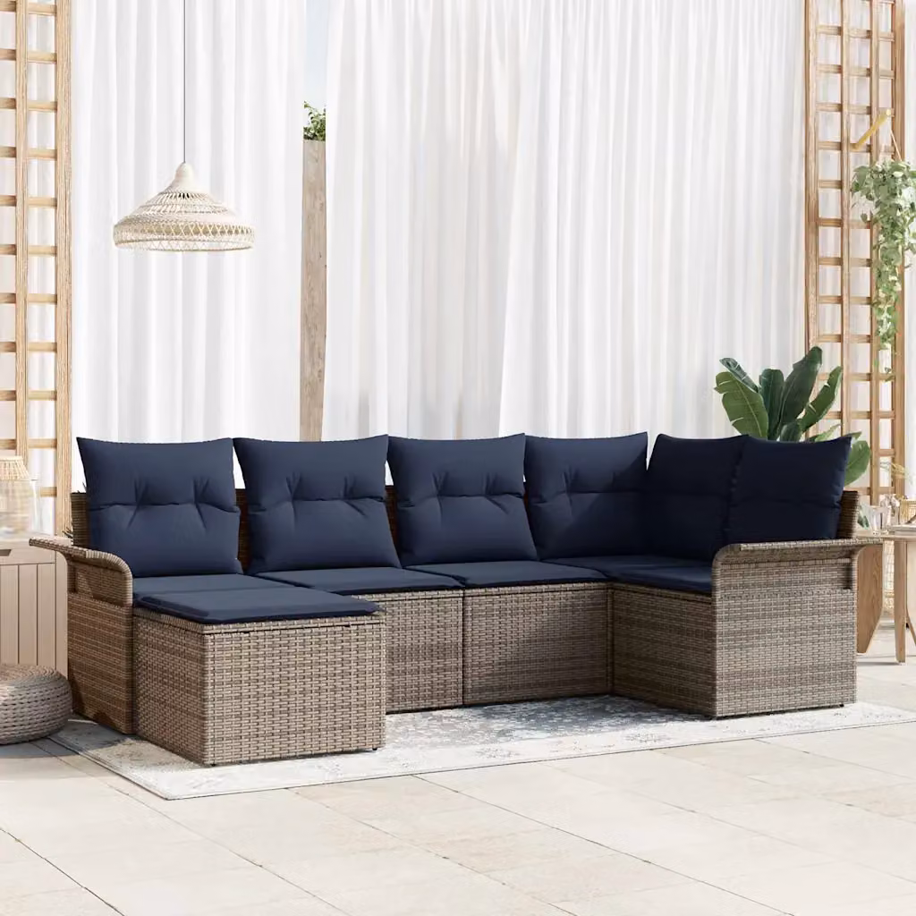 Set Divano da Giardino a L vidaXL 6 pz Grigio e Blu con Cuscini e Struttura in Metallo