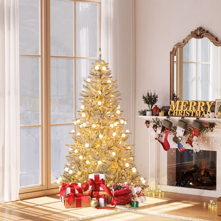 Albero di Natale artificiale innevato Costway Argento con 250 luci LED bianche calde e 51 sfere luminose, Altezza: 180 cm