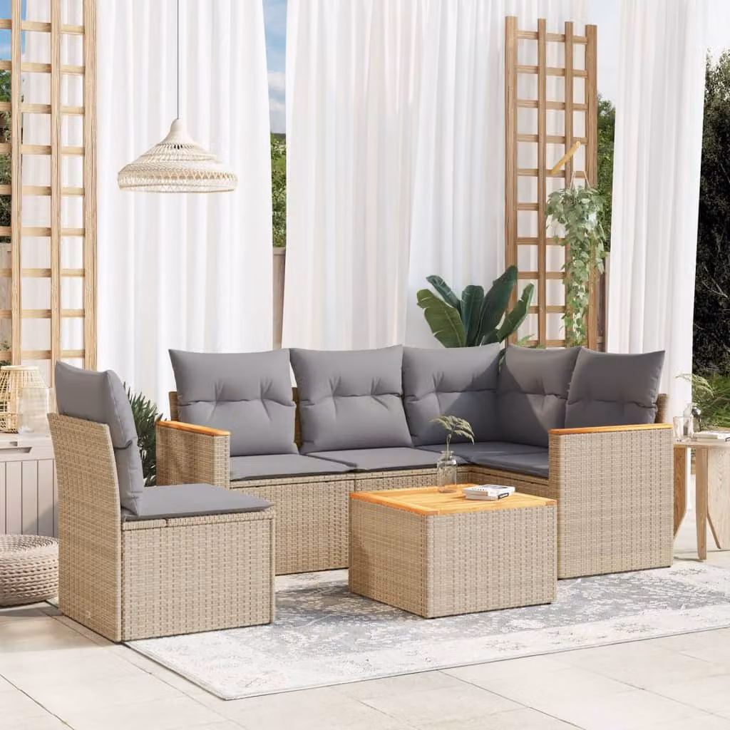 vidaXL Set Divano da Giardino 6 pz a L con Cuscini Beige in Polyrattan e Tavolino da Esterno – 1