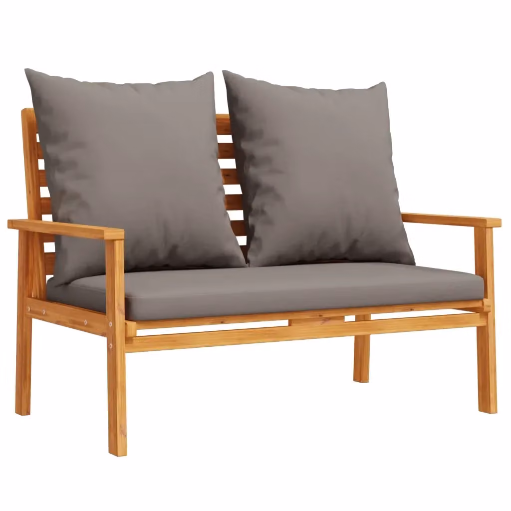 Panca da giardino moderna vidaXL in legno di acacia oliato con cuscini grigi L: 120 cm, P: 68 cm, H: 81 cm – 2