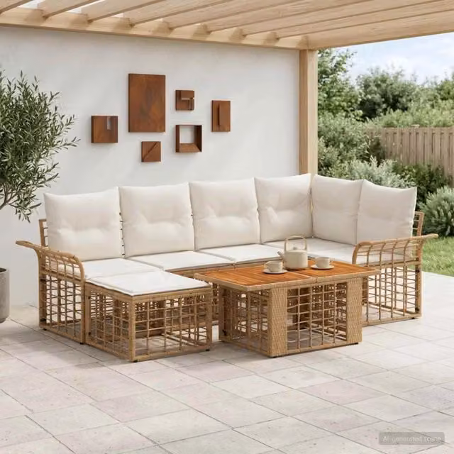 Set Divano da Giardino 7 pz Naturale e Bianco Crema polyrattan 3438000