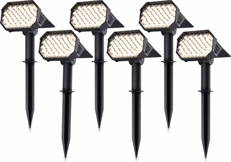 Faretto solare LED per esterno, con picchetto da terra, luce solare per esterni, applique, set da 6, batteria da 1800 mAh, 2 livelli di luminosità, 3000 K, grado di protezione IP65, resistente alle intemperie, orientabile