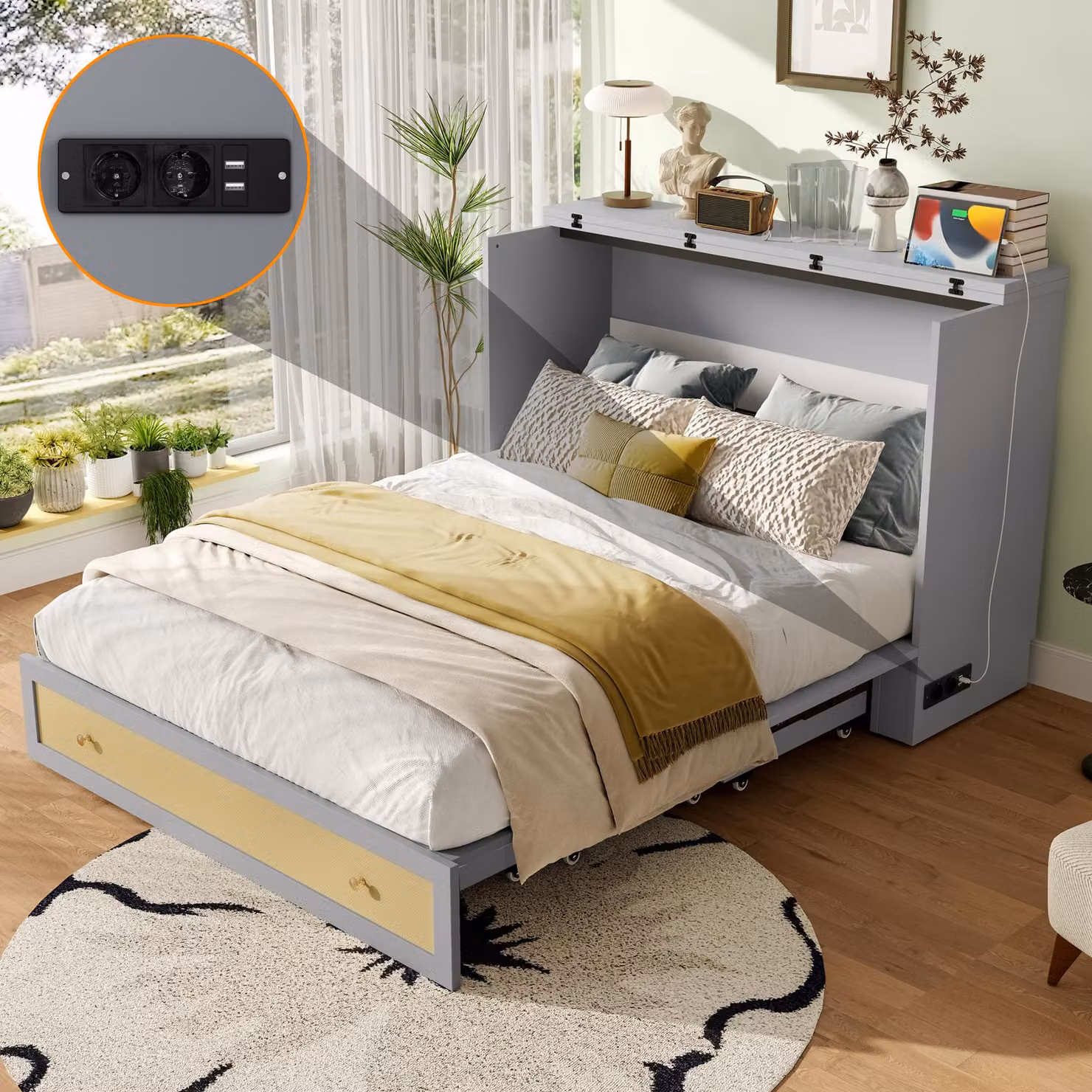 Letto a scomparsa Merax 140x200cm, letto a parete con USB, presa, letto pieghevole trasformabile e mobile, letto pieghevole a parete, contenitore per materassi pieghevoli, grigio