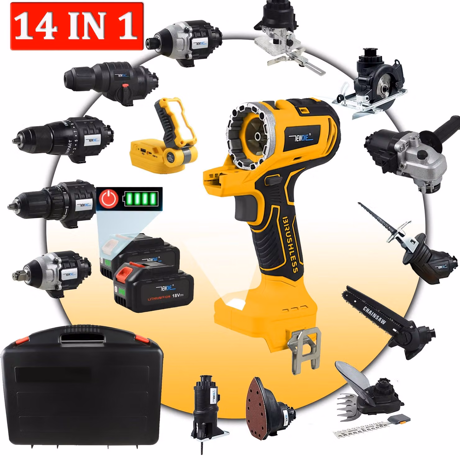 Set combinata wireless da 18V multifunzione, con motore brushless e 14 accessori