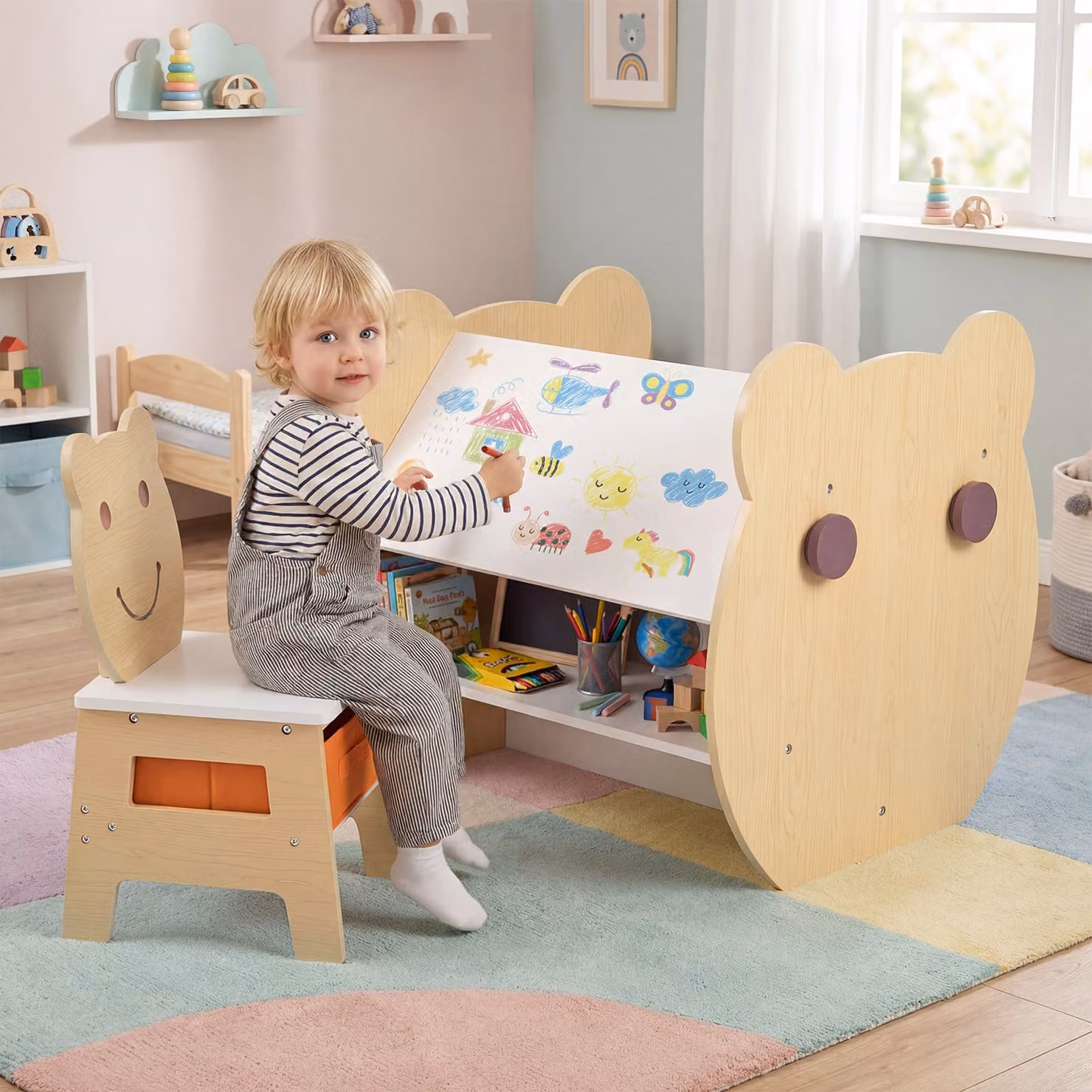 Set tavolo e sedia per bambini Costway in legno naturale con piano lavagna bifacciale e sedia con cassetto rimovibile
