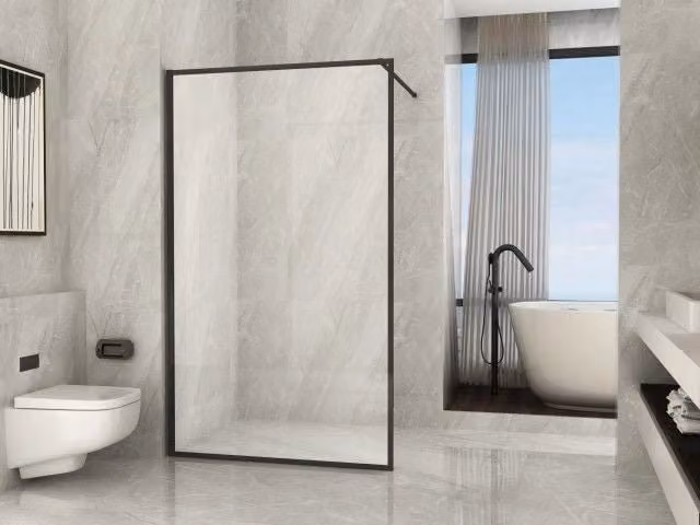 Parete Doccia Walk-In in Cristallo 8 mm Anticalcare Profilo Nero Stampa a riquadro - Misura : 140 x H195 cm