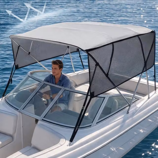 Tendalino bimini top per barca a 4 archi in poliestere 600D con telaio in alluminio 1" 2 pali 2 cinghie 8'L x 54"H x 91"-96"W grigio chiaro