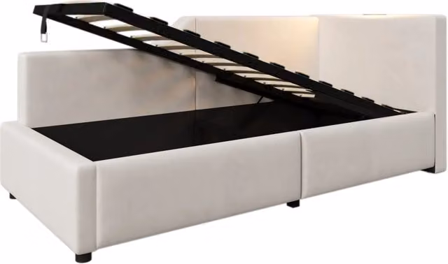 Letto Daybed imbottito 90x190 cm in velluto beige con contenitore idraulico, luce da lettura e ricarica USB-C