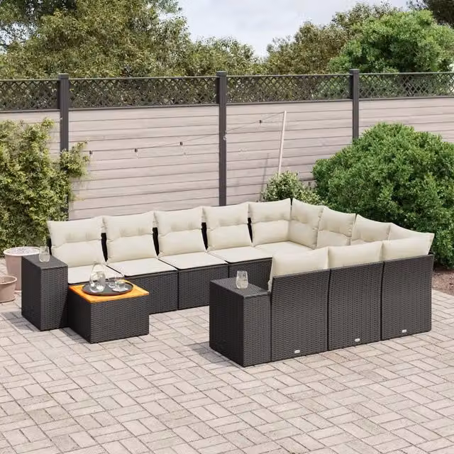 Set di Divani da Giardino a Forma di U vidaXL in Polyrattan Nero con Cuscini e Tavolino da Esterno – 1