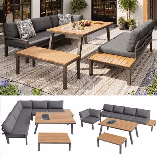 Set di mobili da giardino per 6-7 persone, adatto per giardino, balcone e terrazza; salottino e zona pranzo resistenti alle intemperie; set di mobili da giardino in stile moderno; struttura in acciaio zincato; piano del tavolo con maniglia in ferro