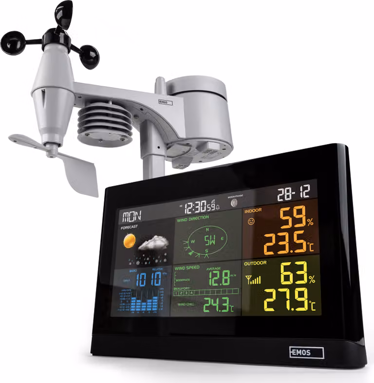 Stazione meteorologica EMOS con anemometro e pluviometro – Sistema con display a colori, per le previsioni del tempo, per interni ed esterni, data, temperatura, umidità, pressione atmosferica – Previsioni a 12-24 ore