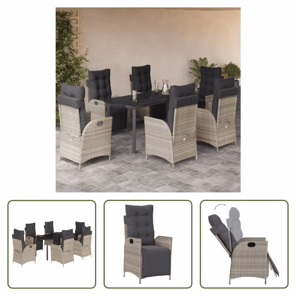The Living Store Set da pranzo da giardino 7 pezzi con cuscini in poly rattan grigio chiaro