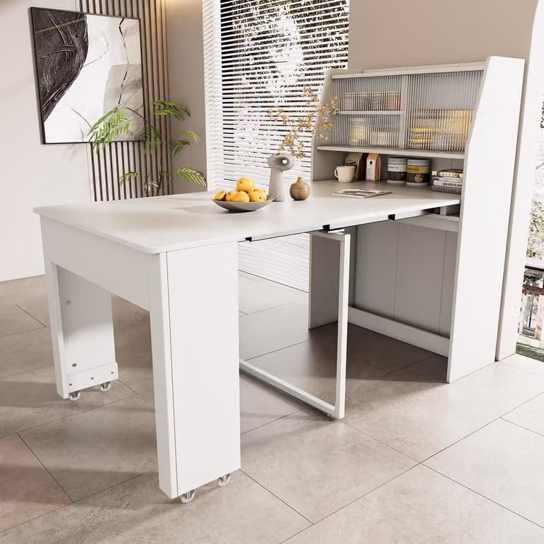 Tavolo da pranzo allungabile, bianco, dimensioni 52/132,5 x 80 x 76 cm. Salvaspazio, multifunzionale