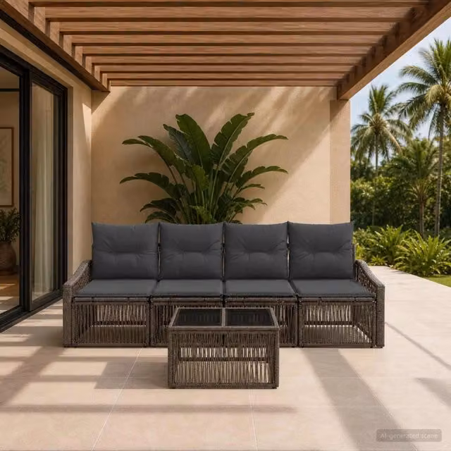 Set da giardino vidaXL composto da 5 pezzi con divano a 3 posti e tavolino da caffè, colore grigio, struttura in metallo e sedute imbottite con cuscini inclusi – 1