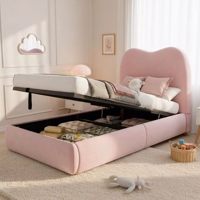 Letto imbottito singolo contenitore ¨C Minimal ¨C rosa velluto 90x200cm con rete a doghe testiera idraulico