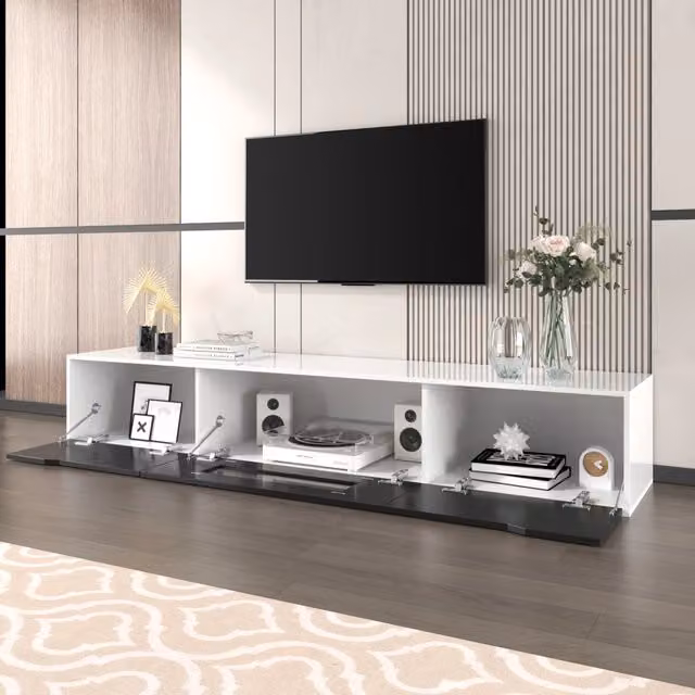 Mobile TV con ante scanalate, LED a 16 colori e 4 modalità luminose per salotto, bianco e nero lucido, 180 × 30 × 35 cm