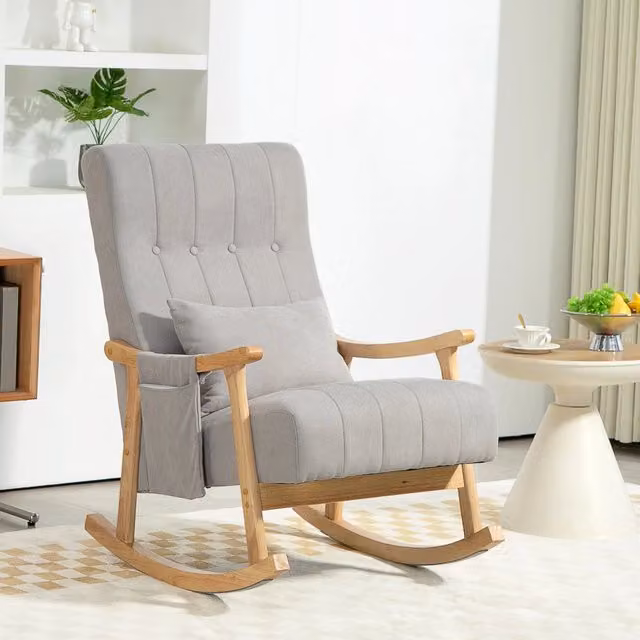 Poltrona a dondolo REDOM in tessuto grigio con struttura in legno di faggio, L: 65 cm, P: 90 cm, H: 98 cm