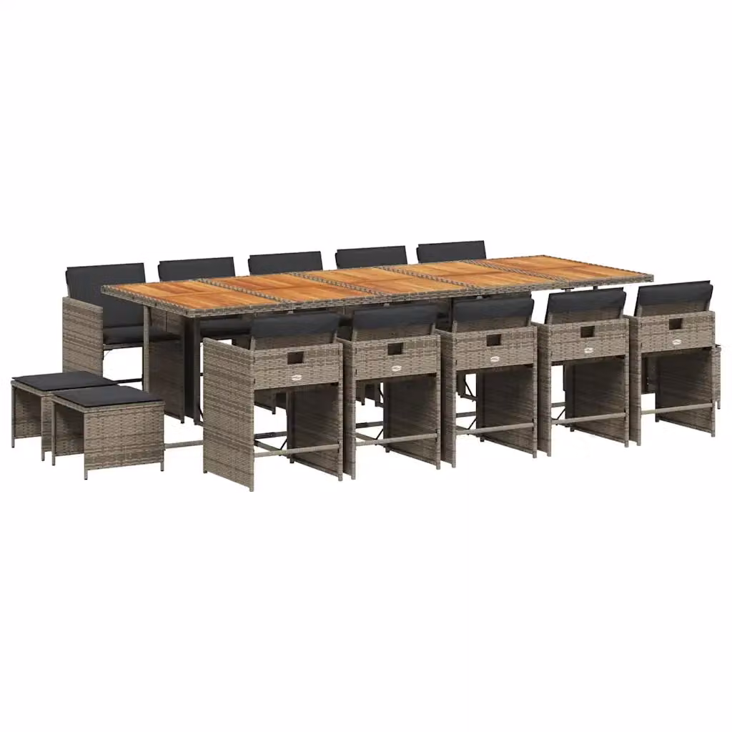 Set da Pranzo da Giardino vidaXL in Polyrattan Grigio e Marrone con Cuscini e Tavolo in Legno di Acacia, 15 Pezzi – 2