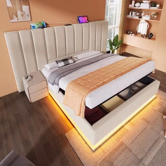 Letto Contenitore REDOM Beige con Illuminazione LED e Ricarica USB-C L/P: 160 x 200 cm – 1