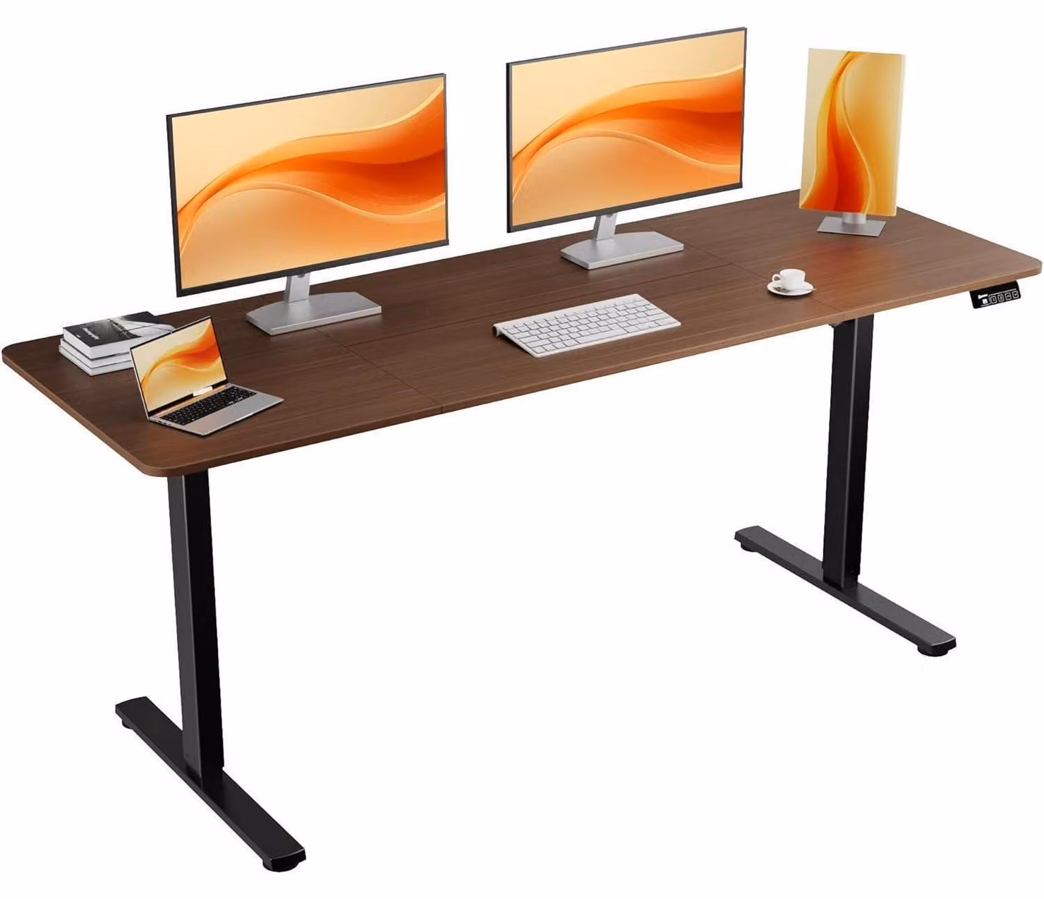 Scrivania regolabile in altezza elettricamente, dimensioni 170x60 cm, piano in impiallacciatura di noce nero, struttura nera